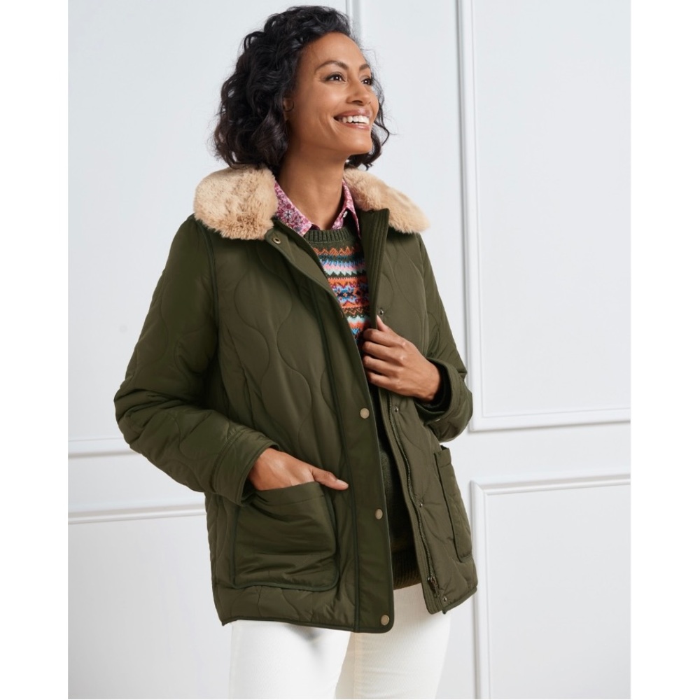 Talbots Olive Green Quilted Bomber Jacket Size Large Petite